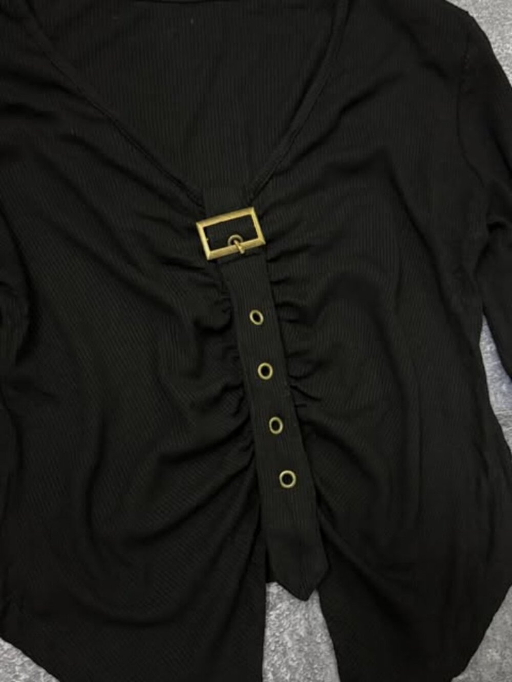 Black Ruched Buckle Front Top - Picture 2 of 3